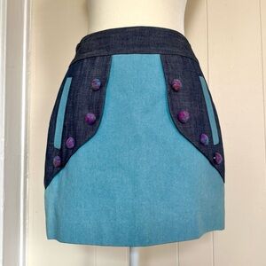 Vintage Style Handmade Blue and Denim Women's Mini Skirt | Button Details